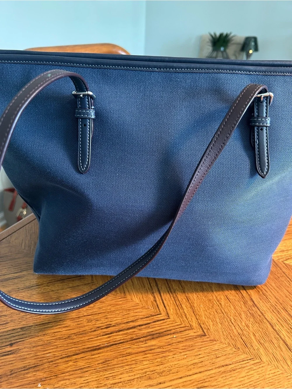 Coach Navy Canvas Tote with Brown Leather Trim